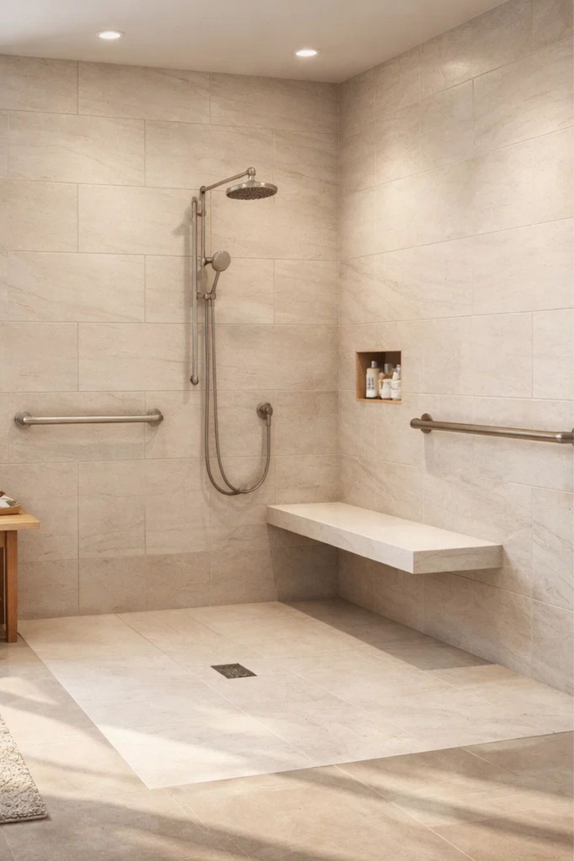 Douche accessible avec banc intégré et barres d’appui dans une salle de bain adaptée à Amos