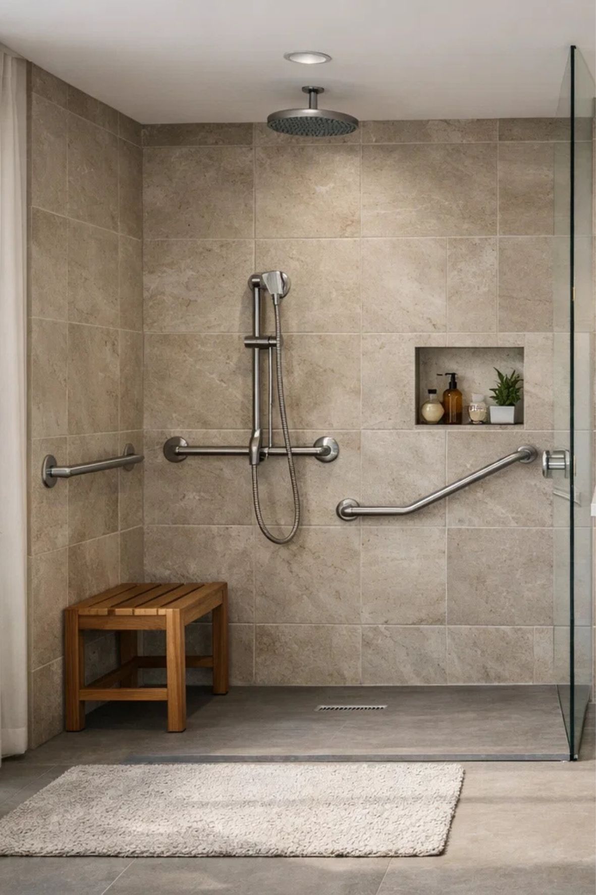 Salle de bain adaptée avec douche sans seuil et barres d’appui pour accessibilité résidentielle  à Brossard