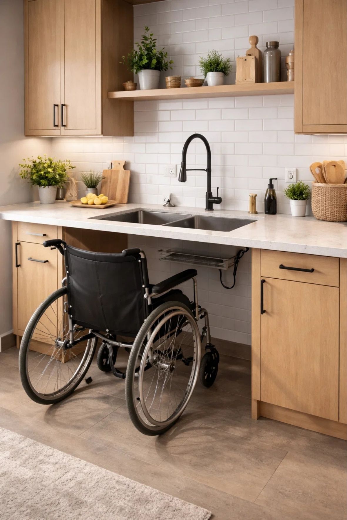 Cuisine fonctionnelle adaptée pour personne à mobilité réduite dans une résidence  à Farnham