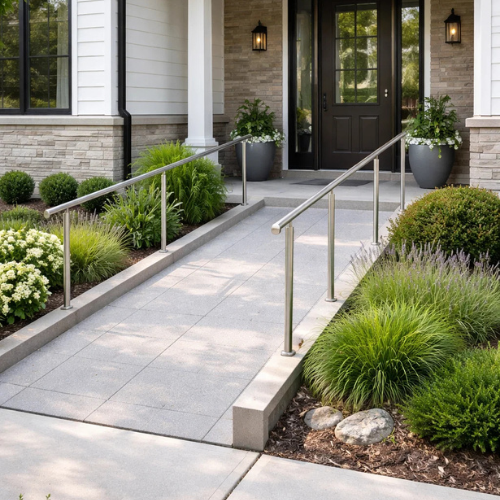 Rampe d’accès extérieure devant une maison résidentielle adaptée pour faciliter l’accessibilité  à Rosemont