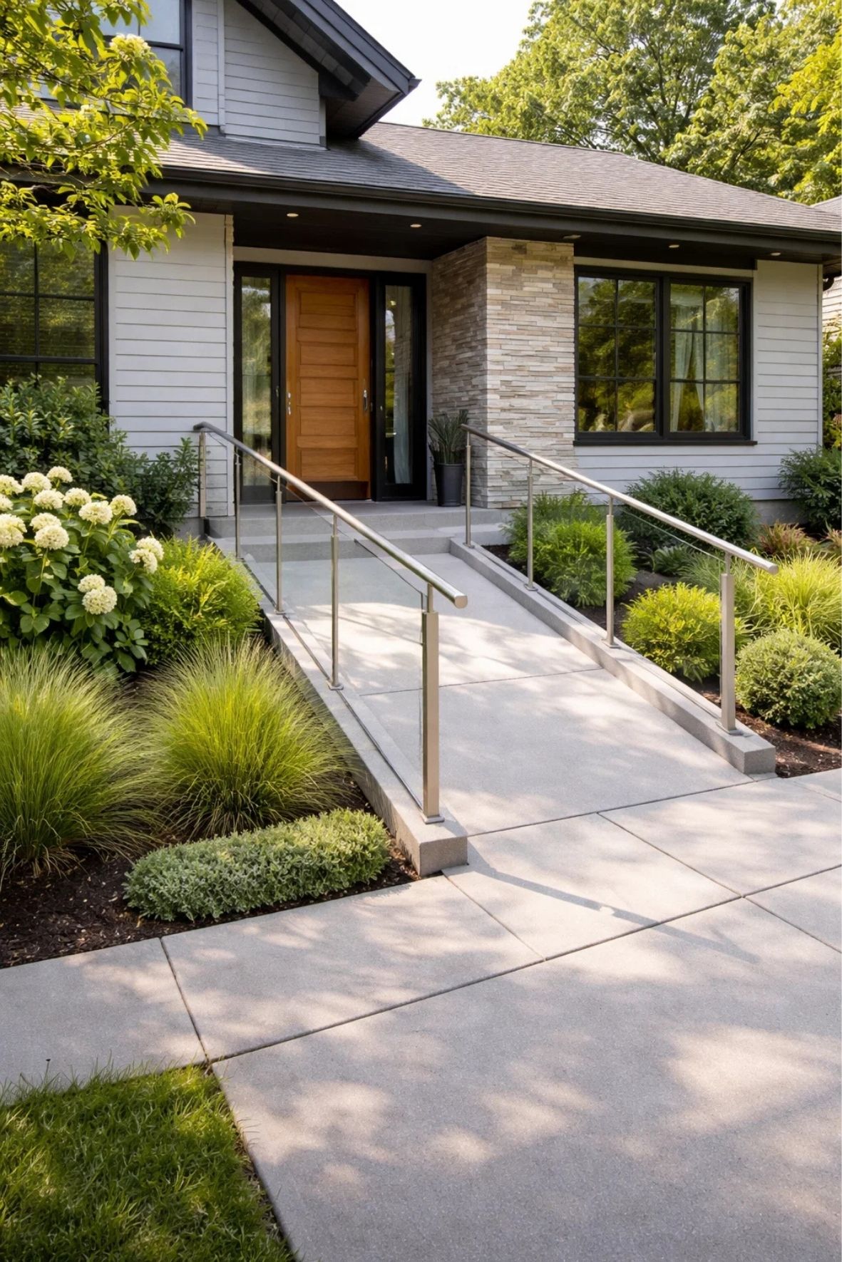 Entrée de maison avec rampe d’accès sécuritaire intégrée à l’aménagement paysager  à Sainte-Anne-de-Bellevue