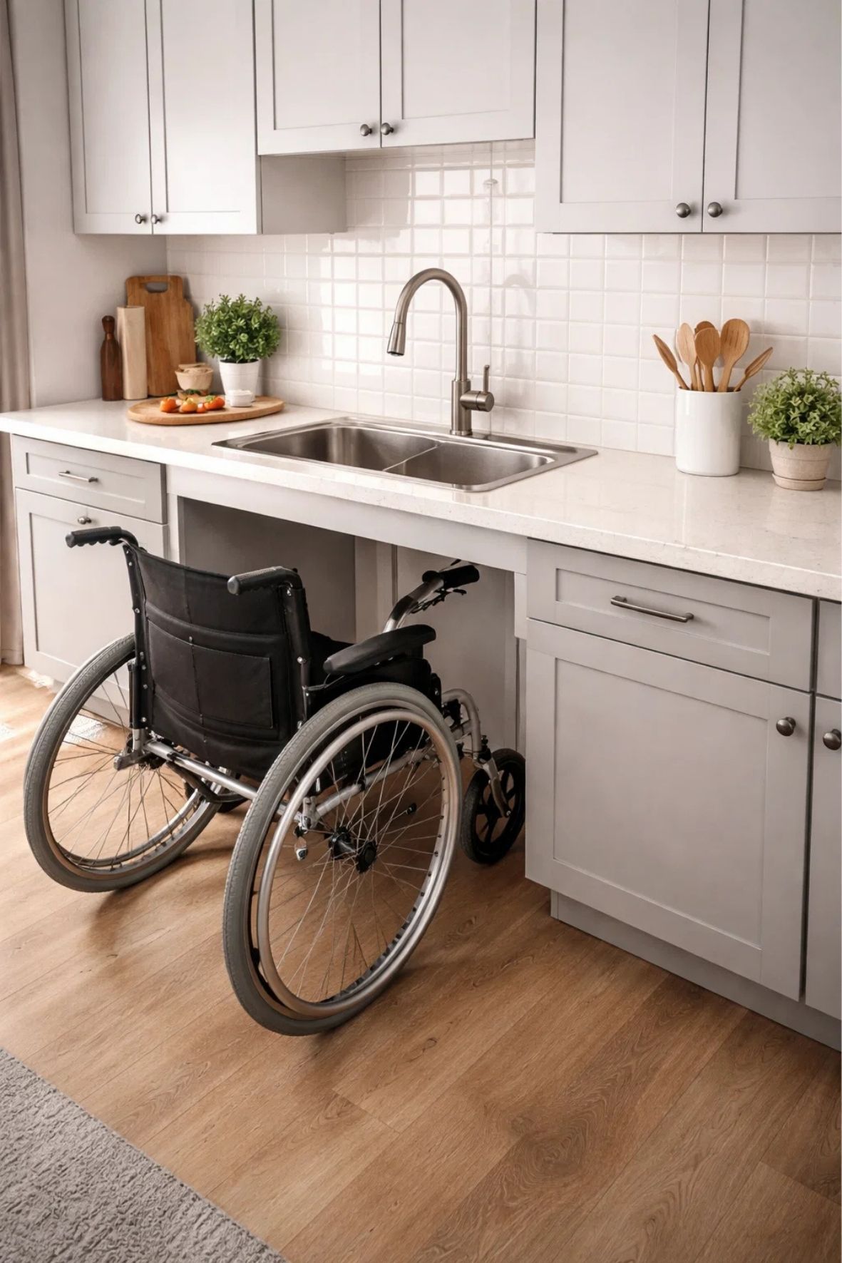 Cuisine résidentielle adaptée permettant l’accès en fauteuil roulant dans un logement à Sainte-Marie