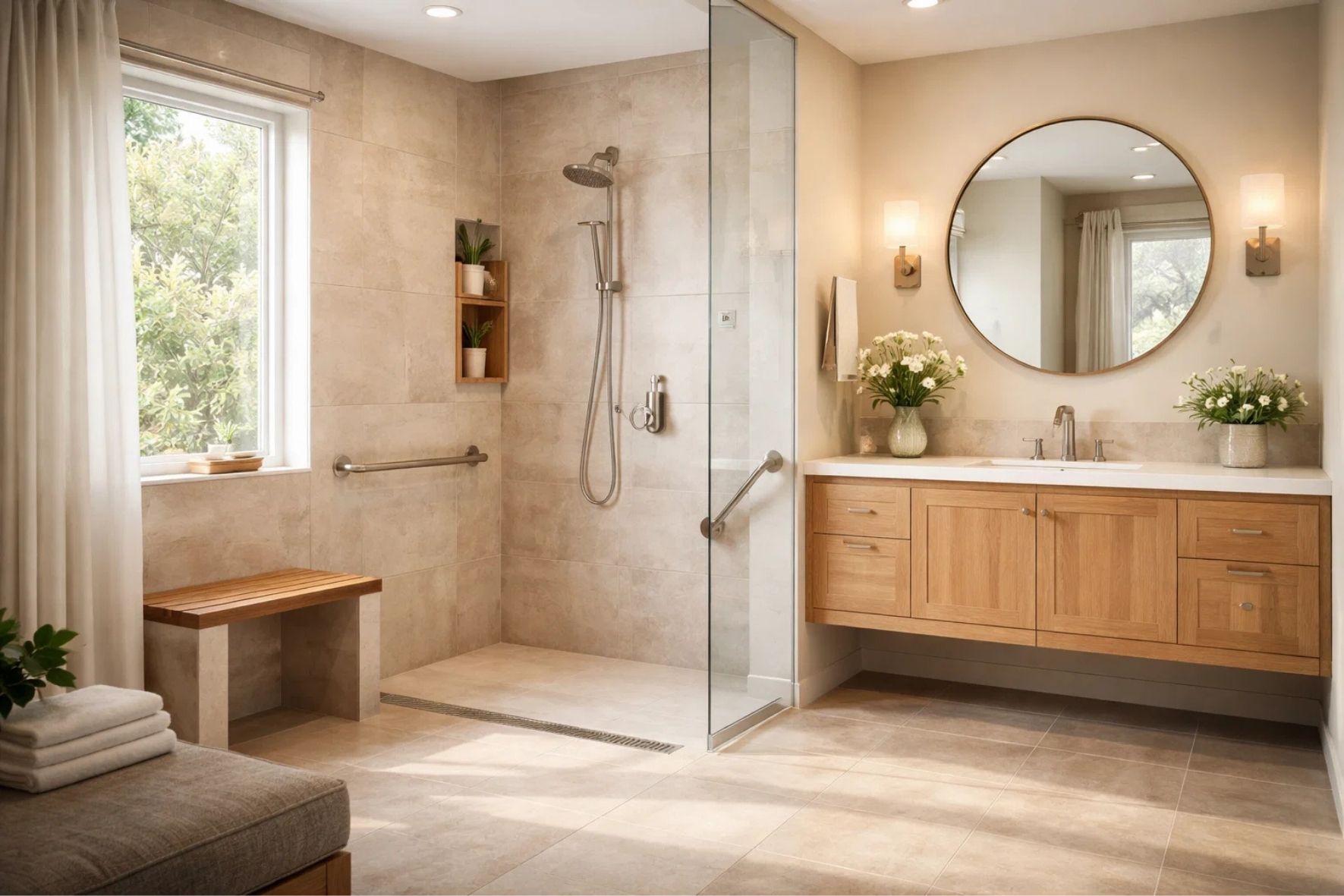 Salle de bain résidentielle entièrement adaptée avec douche accessible et mobilier ergonomique à Verchères